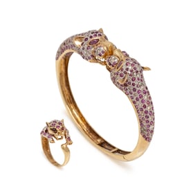 RUBY AND DIAMOND LEOPARD RING AND BRACELET