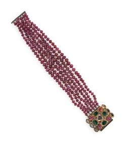 RUBY BEAD, DIAMOND, EMERALD, AND ENAMEL BRACELET