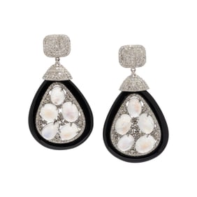 MOONSTONE, BLACK ONYX, AND DIAMOND EARRINGS