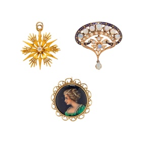 COLLECTION OF YELLOW GOLD BROOCH PENDANTS