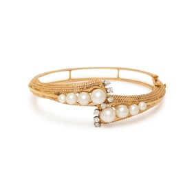 CULTURED PEARL, DIAMOND, AND YELLOW GOLD BANGLE BRACELET