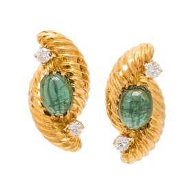 YELLOW GOLD, GREEN TOURMALINE, AND DIAMOND EARRINGS