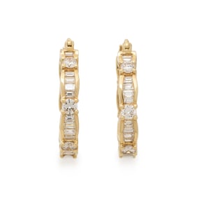 YELLOW GOLD, DIAMOND, AND CULTURED PEARL HOOP EARRINGS