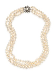 TRIPLE STRAND CULTURED PEARL AND DIAMOND NECKLACE