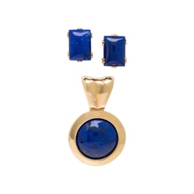 YELLOW GOLD AND LAPIS LAZULI EARRINGS AND PENDANT