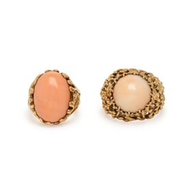 TWO YELLOW GOLD AND CORAL RINGS