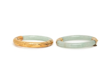 TWO YELLOW GOLD AND JADE BANGLE BRACELETS