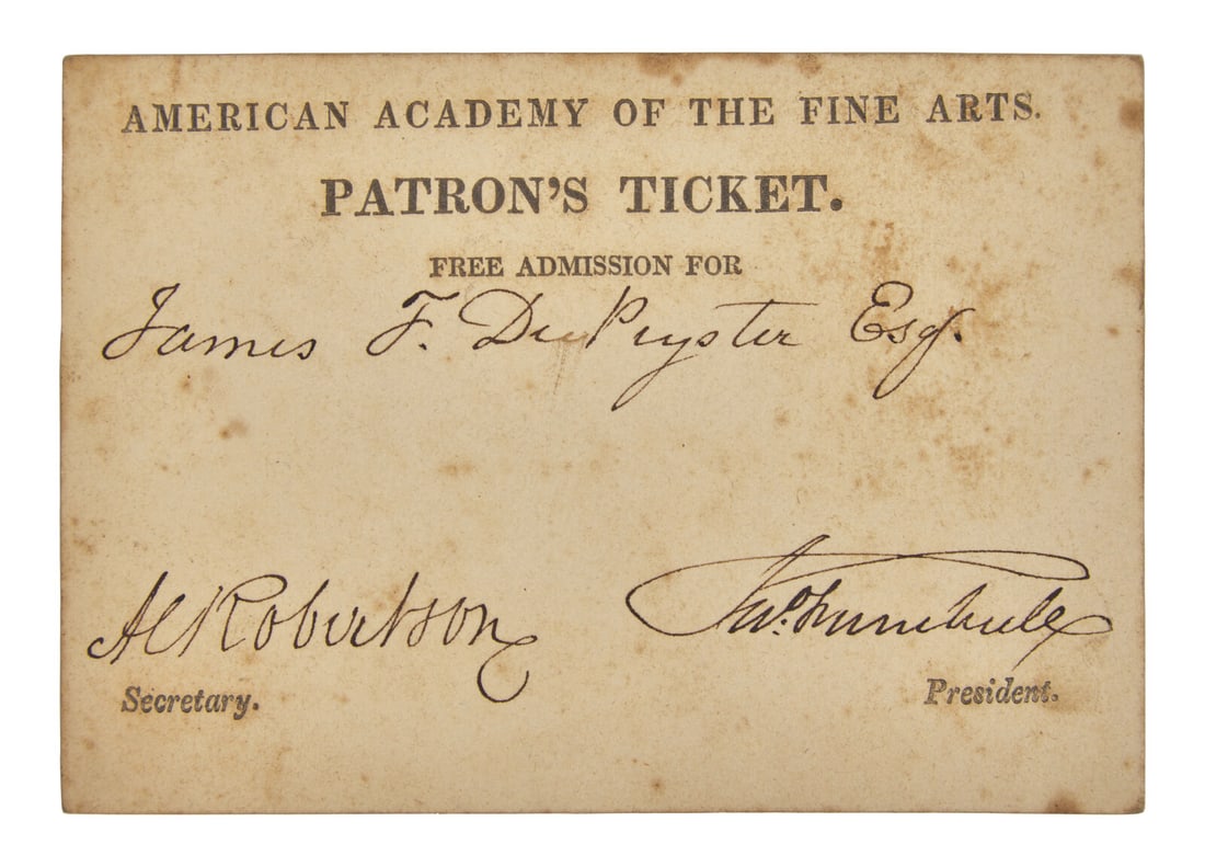 [Americana] Trumbull, John. Engraved Admission Ticket for the American Academy of the Fine Arts: [Americana] Trumbull, John. Engraved Admission Ticket for the American Academy of the Fine Arts (New York, 1818). Engraved "Patron's Ticket" to the American Academy of the Fine Arts, signed by John Tr