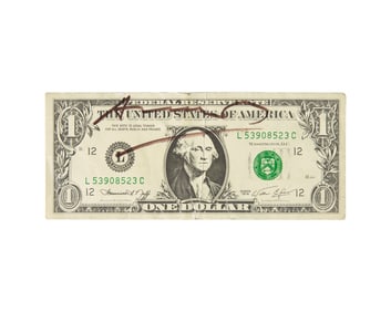 [Art] Warhol, Andy. Signed Miniature Facsimile One Dollar Bill