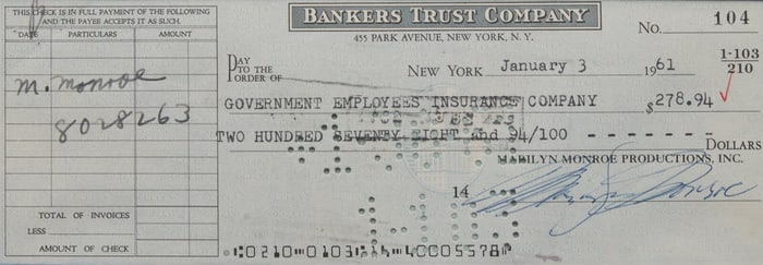 [Entertainment] Monroe, Marilyn. Partially-Printed Check, signed
