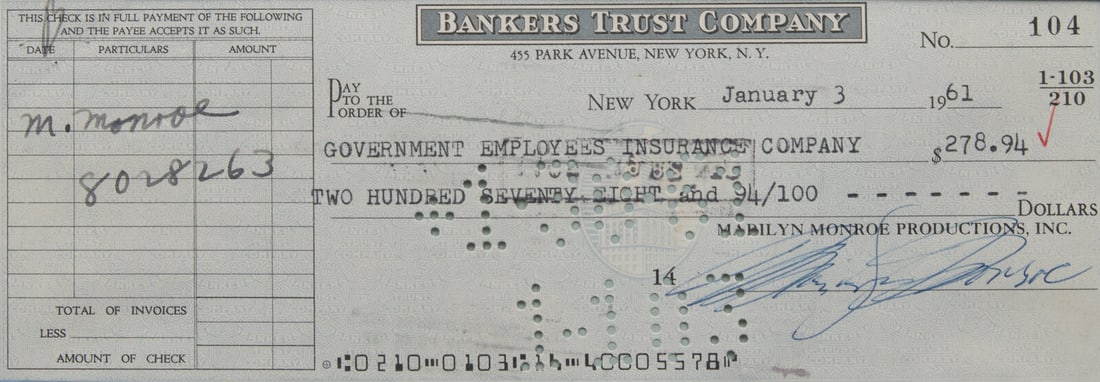 [Entertainment] Monroe, Marilyn. Partially-Printed Check, signed (1 of 2)