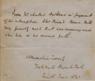 [Literature] Dickens, Charles. Autograph Note