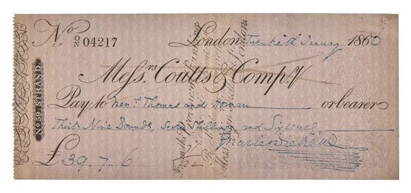 [Literature] Dickens, Charles. Autograph Check, signed