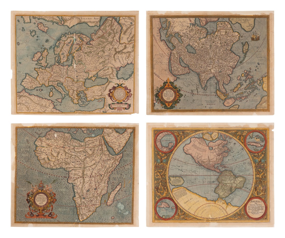 [Maps & Atlases] Mercator, Gerard. Group of 4 Hand-Colored Engraved Maps: [Maps & Atlases] Mercator, Gerard. Group of 4 Hand-Colored Engraved Maps Amsterdam, ca. 1620. Comprising: Asia; Africa; Europa; America siue India Nova. Each with Latin text on versos. Each sheet