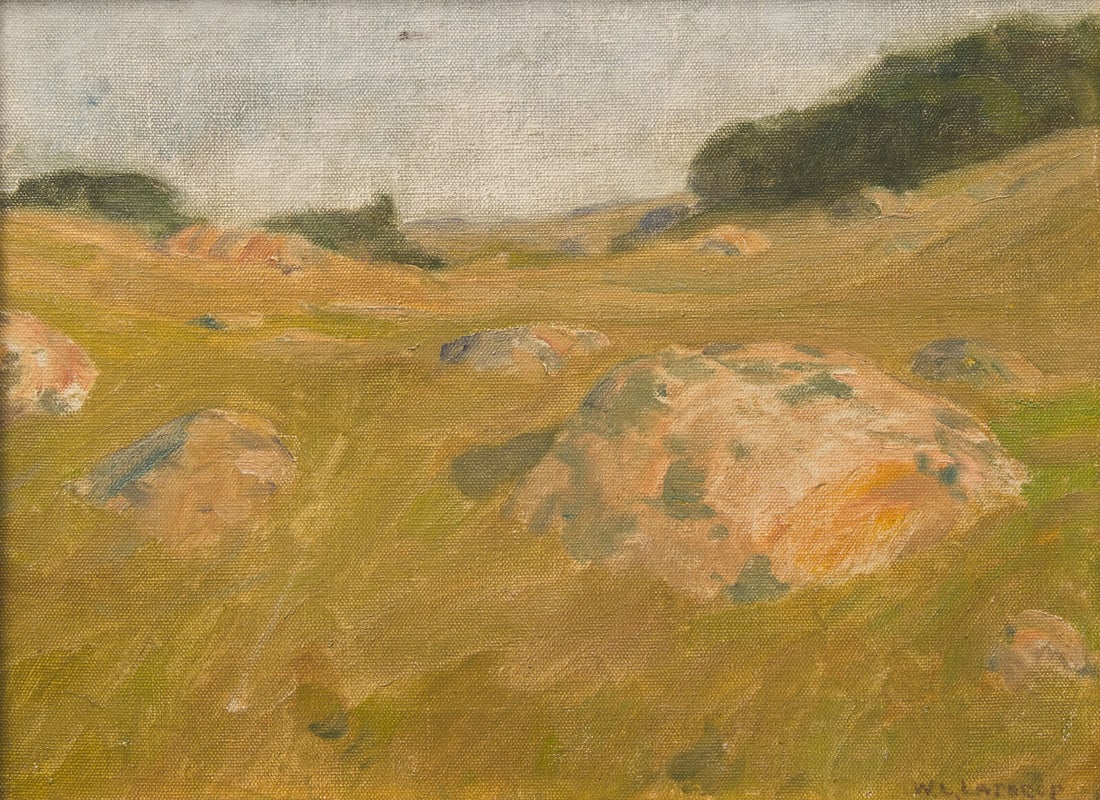William Langson Lathrop (American, 1859-1938) Naushon Pasture: William Langson Lathrop (American, 1859-1938) Naushon Pasture oil on canvas signed W. L. LATHROP (lower right); also titled in pencil (stretcher) 12 1/8 x 16 1/8 in. Property from the Collection of Re