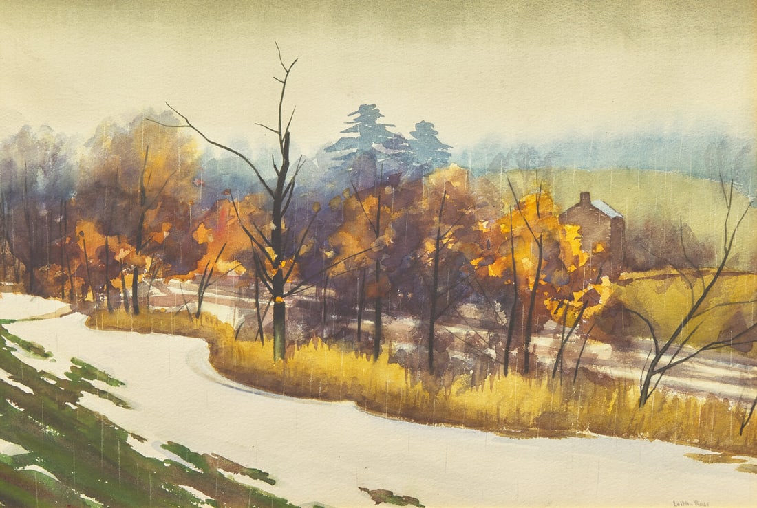 Harry Leith-Ross (American, 1886-1973) Rain in Winter: Harry Leith-Ross (American, 1886-1973) Rain in Winter watercolor on paper signed Leith-Ross (lower right) 18 x 26 1/2 in. Property from the Collection of Renny Reynolds Exhibited: Doylestown, Michener