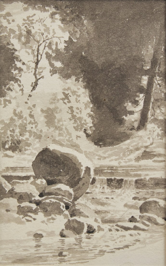 William Langson Lathrop (American, 1859-1938) Stream Bed with Rocks: William Langson Lathrop (American, 1859-1938) Stream Bed with Rocks ink wash on paper 5 3/4 x 3 1/2 in. Property from the Collection of Renny Reynolds This lot is located in Philadelphia. Provenance: