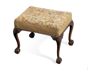 A George III Style Carved Mahogany Stool with Needlepoint Upholstery