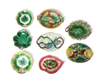 A Collection of Eight Majolica Leaf-Form Dishes