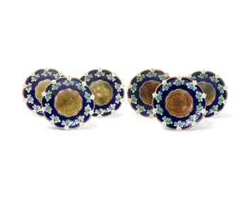 A Set of Six English "Strawberry Blossom" Majolica Plates with Cobalt Ground