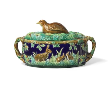 An English Majolica Covered Game Pie Tureen