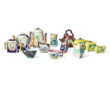 An Assorted Collection of Thirteen Majolica Teawares