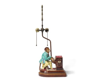 A French Majolica Humidor in the Form of Monkey Playing the Piano, Mounted as a Lamp