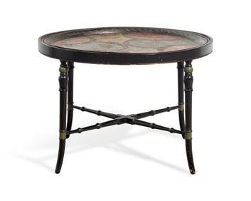 A Tole-Decorated Tinware Tray on Later Painted Wood Base