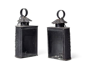 A Pair of Hanging Pierced Tinware and Glass Lanterns
