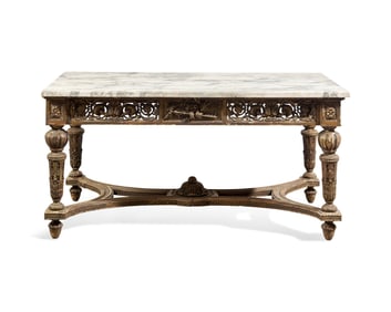 A Louis XVI Style Carved and Giltwood Center Table with Breccia Capraia Marble Top