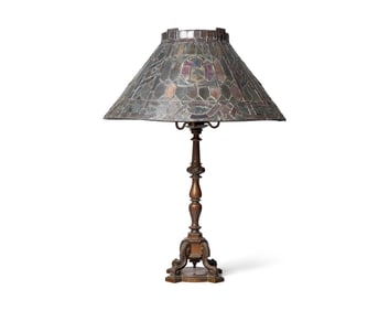A Large Renaissance Revival Bronze Table Lamp with Stained Glass Shade