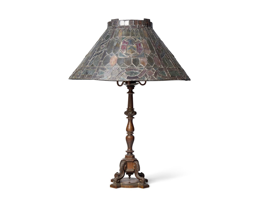A Large Renaissance Revival Bronze Table Lamp with Stained Glass Shade (1 of 4)