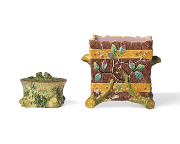 A Majolica Cachepot and Glazed Redware "Faux Bois" Covered Box