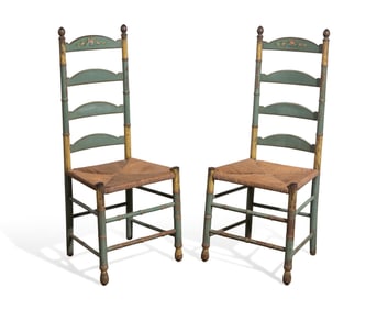 A Pair of Green-Painted and Decorated Ladder-Back Rush-Seat Side Chairs