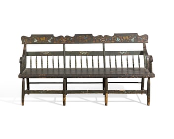A Green-Painted and Decorated Windsor Bench