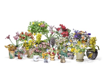 A Collection of Twenty-One French Beaded and Glass Flower and Fruit Arrangements