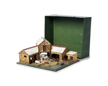 A Painted Tin and Wood Toy Barn Diorama