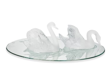 A Pair of Lalique Miroir Cygnes Sculptures and Mirror Plateau