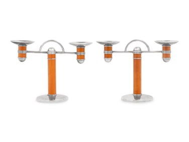 A Pair of Christofle Silver-Plate and Enamel Candelabra