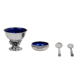 Two Georg Jensen Acorn Salt Cellars and Two Salt Spoons