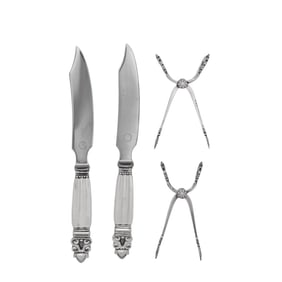 A Pair of Georg Jensen Acorn Silver Cheese Knives and a Pair of Sugar Tongs