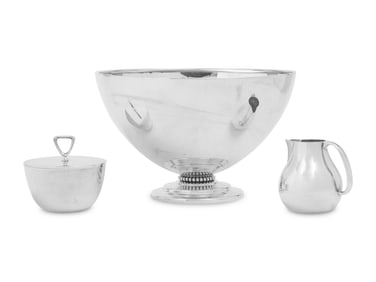 A Georg Jensen Silver Cream and Sugar Set and an American Silver Center Bowl