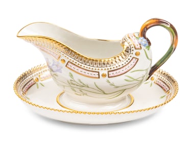 A Royal Copenhagen Flora Danica Porcelain Sauce Boat and Fixed Stand