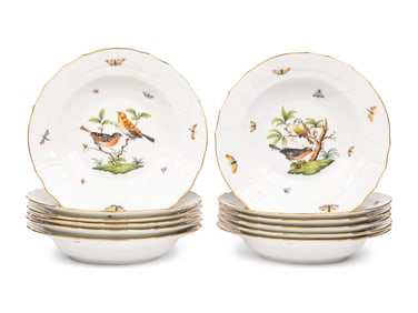 A Set of Twelve Herend Rothschild Bird Porcelain Soup Bowls