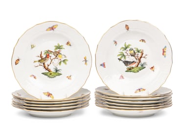 A Set of Thirteen Herend Rothschild Bird Porcelain Dessert Plates
