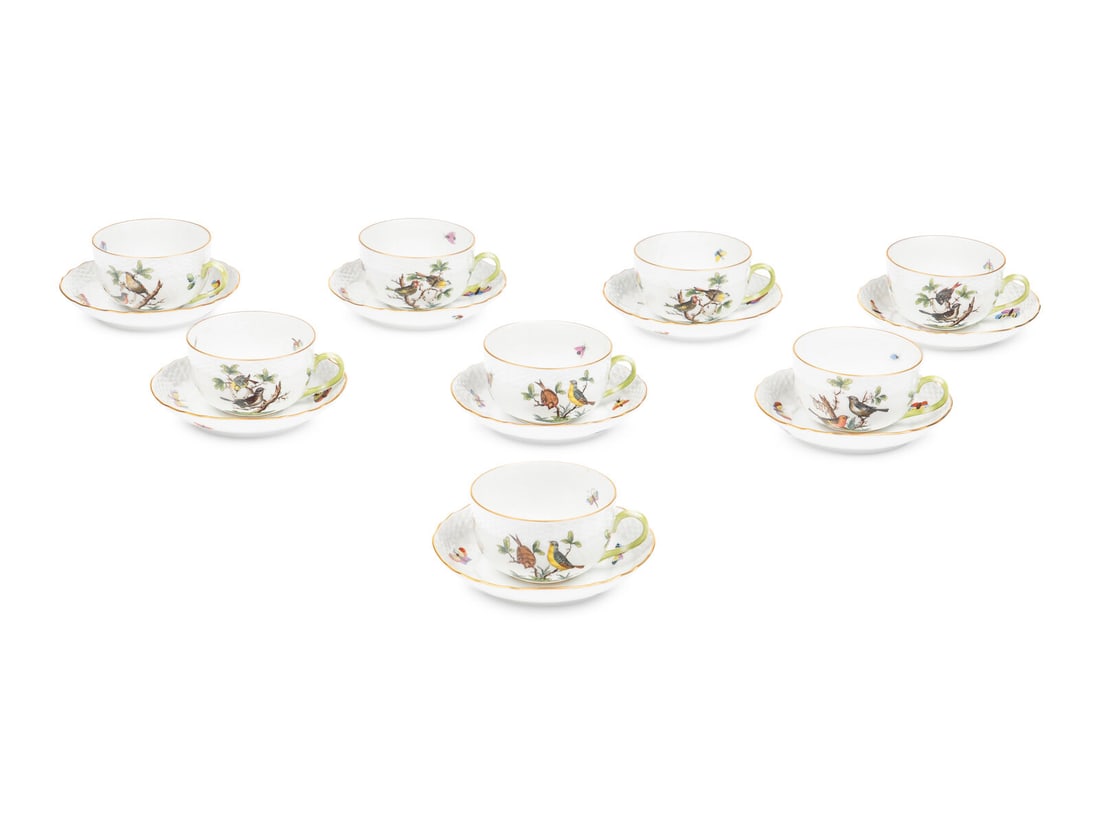 A Set of Eight Herend Rothschild Bird Porcelain Teacups and Saucers (1 of 5)