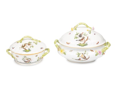 A Herend Rothschild Bird Porcelain Covered Tureen and Covered Vegetable Dish