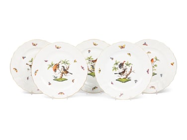 A Set of Five Herend Rothschild Bird Porcelain Dinner Plates