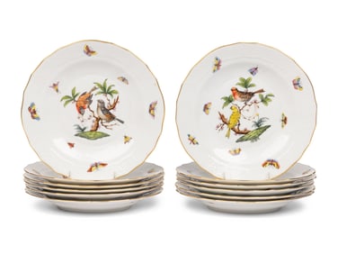 A Set of Twelve Herend Rothschild Bird Porcelain Dessert Plates