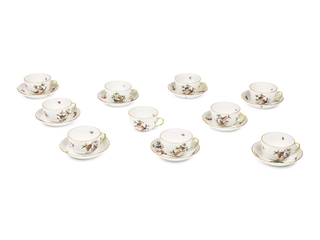 A Set of Ten Herend Rothschild Bird Porcelain Teacups and Nine Saucers (1 of 4)